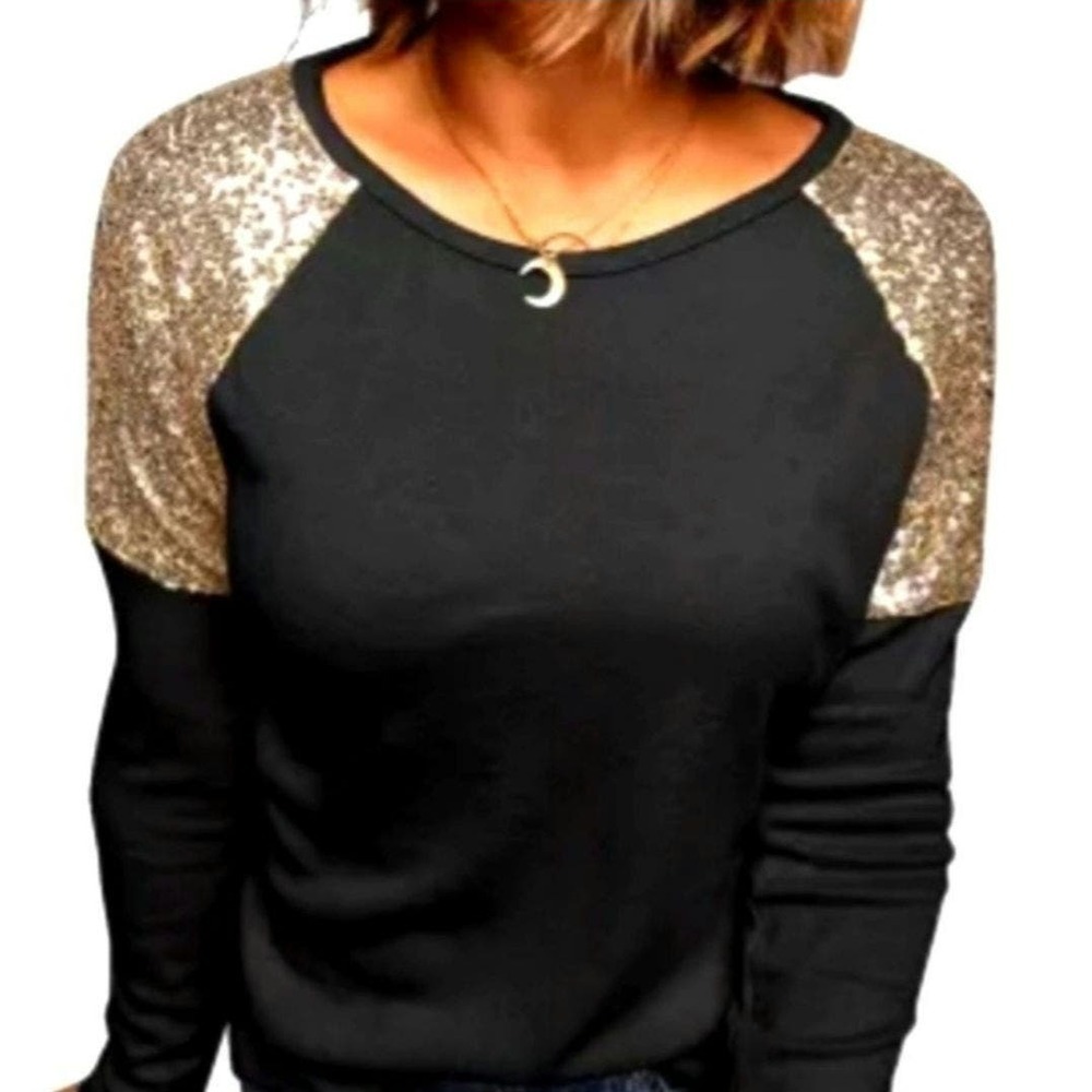Boutique Sequined Gold shoulder long sleeve top blouse